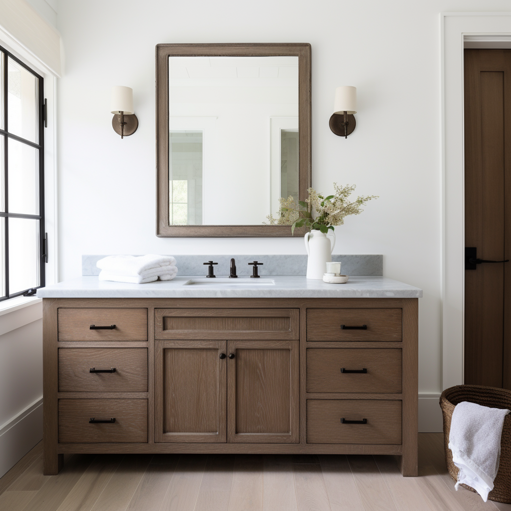 Single oak vanity custom built to order customizable bespoke, enclosed. Drawers