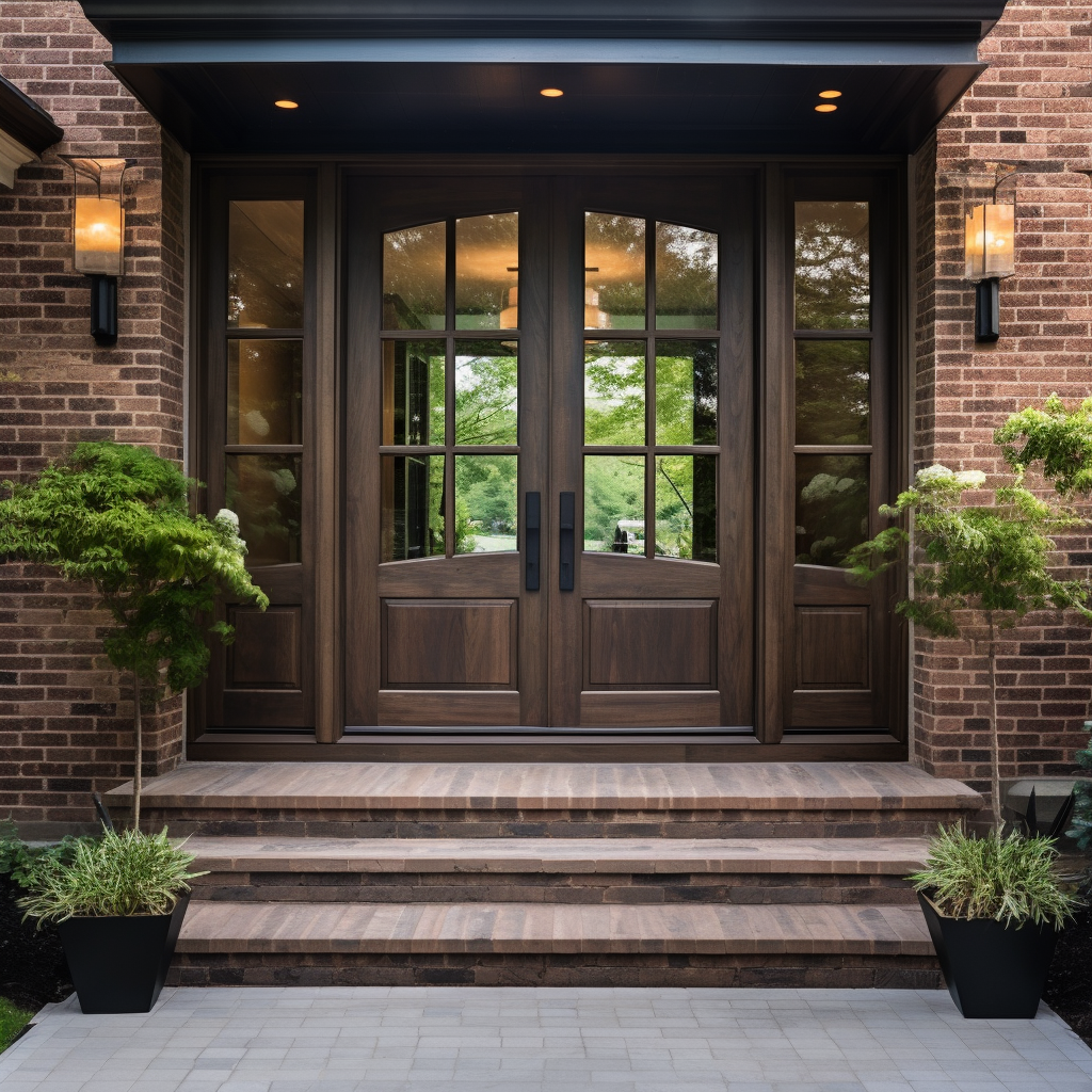 customizable, handcrafted, bench built walnut and glass double front door. Pictured in a brick home with sidelights.