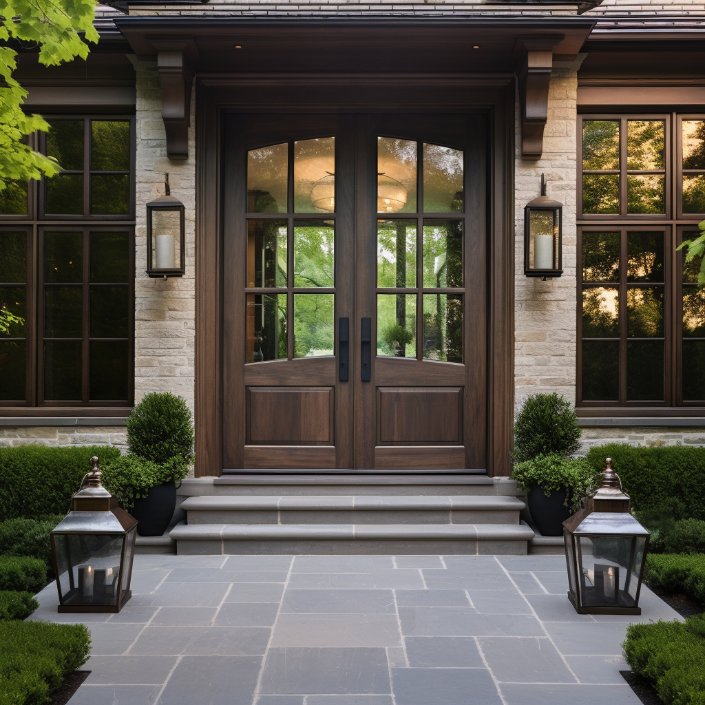 customizable, handcrafted, bench built walnut and glass double front door. Pictured in a stone home.