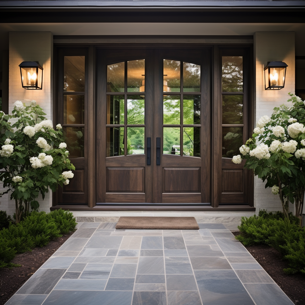 customizable, handcrafted, bench built walnut and glass double front door. Pictured in a painted white brick home with sidelights.