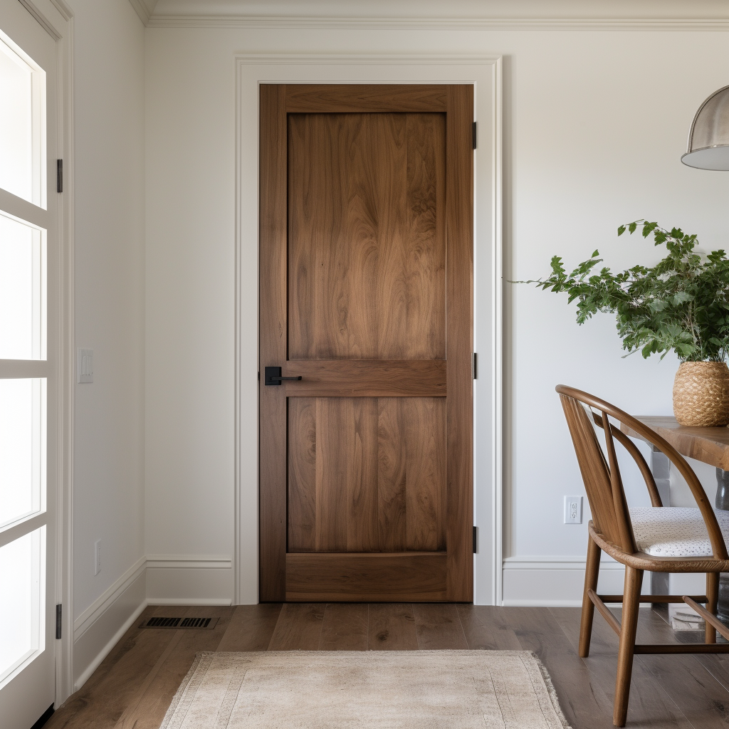 A walnut handcrafted bespoke made to order customizable two panel interior door in a minimalistic modern farmhouse white closet door.