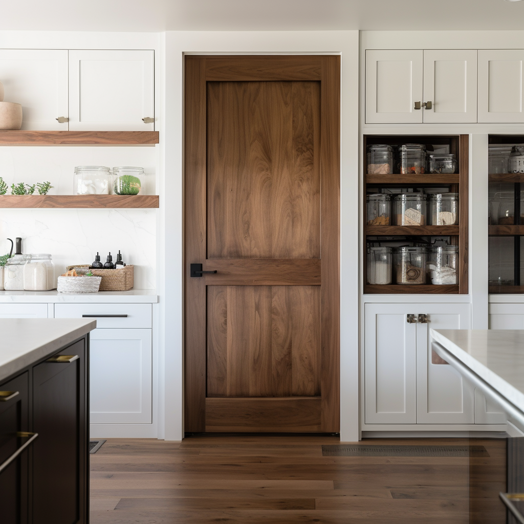 A walnut handcrafted bespoke made to order customizable two panel interior door in a minimalistic modern farmhouse white pantry kitchen door.