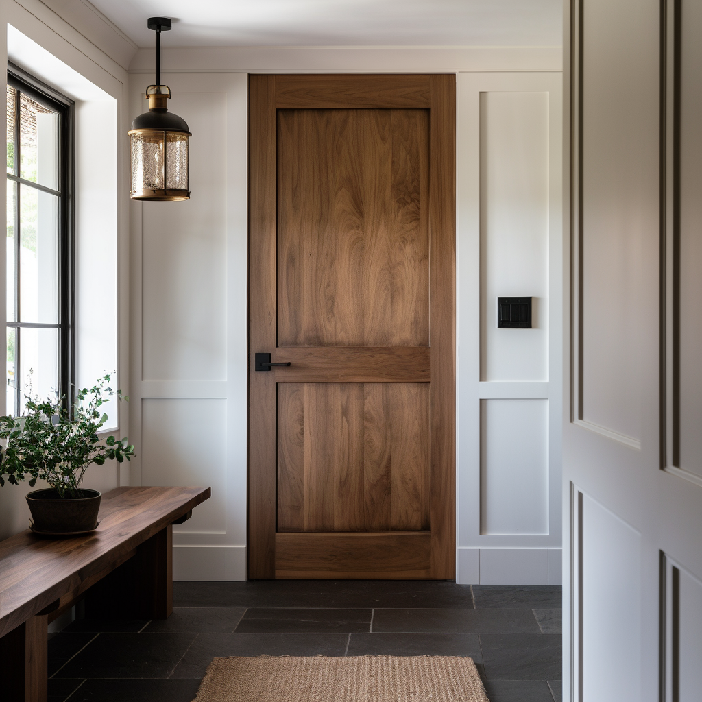 A walnut handcrafted bespoke made to order customizable two panel interior door in a minimalistic modern farmhouse white hallway door.