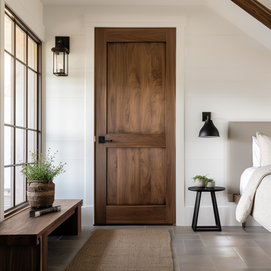 A walnut handcrafted bespoke made to order customizable two panel interior door in a minimalistic modern farmhouse white bedroom door.