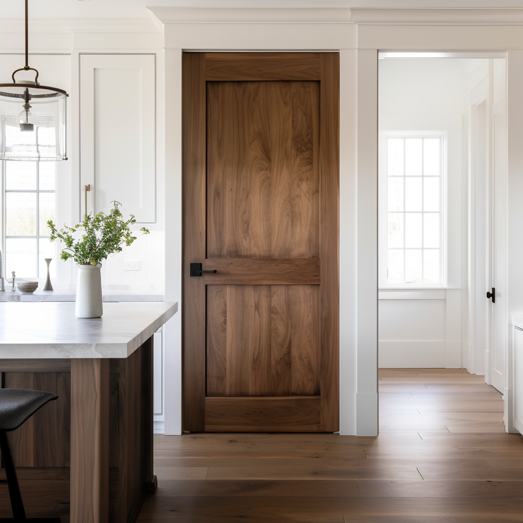 A walnut handcrafted bespoke made to order customizable two panel interior door in a minimalistic modern farmhouse white pantry door.