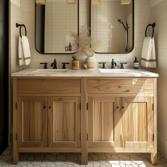 fully customizable and custom bespoke double vanity solid hardwood from ash built by hand usa american, white small tiles, moody bathroom