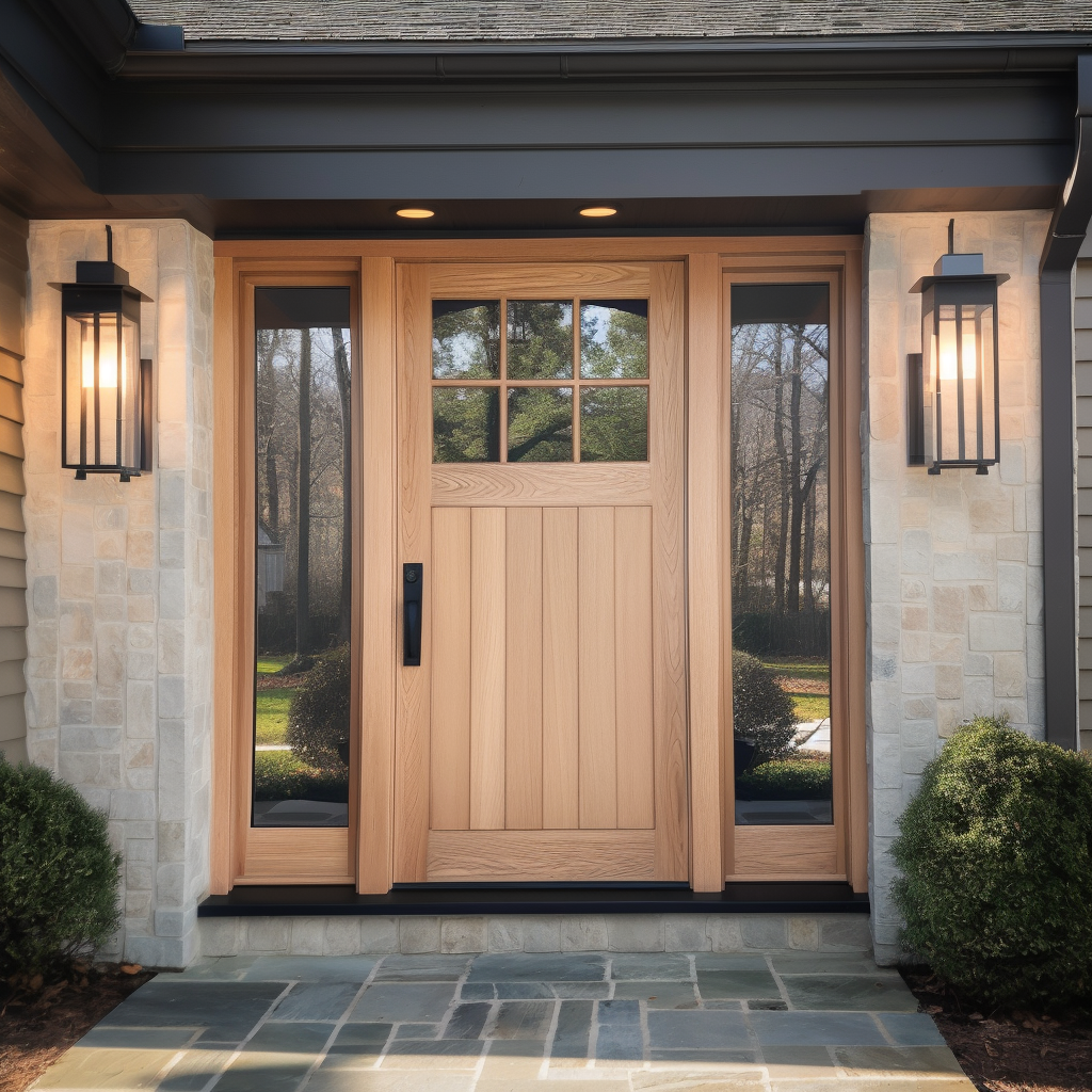 a home's front door with large glass panels, in the style of precisionist lines and shapes, 32k uhd, cottagepunk, naturalistic lighting, yankeecore, combining natural and man-made elements, traditional craftsmanship