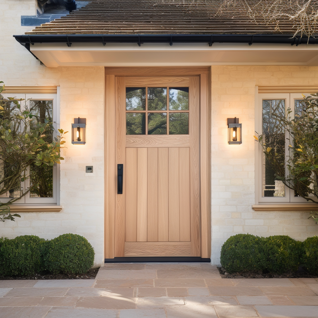 this is a beautiful home with an exterior front door, in the style of precisionist lines, subtle tonal variations, american studio craft movement, english countryside, eco-friendly craftsmanship, soft edges and blurred details, light pink and light amber
