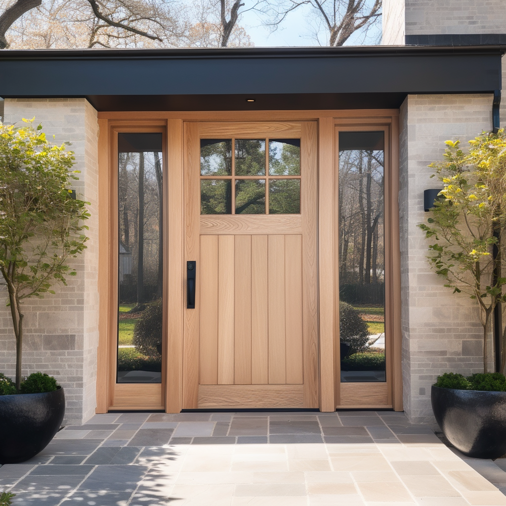 the main entrance to a home has potted plants surrounding, in the style of 8k, polished craftsmanship, soft mist, cottagepunk, 32k uhd, layered veneer panels, traditional craftsmanship