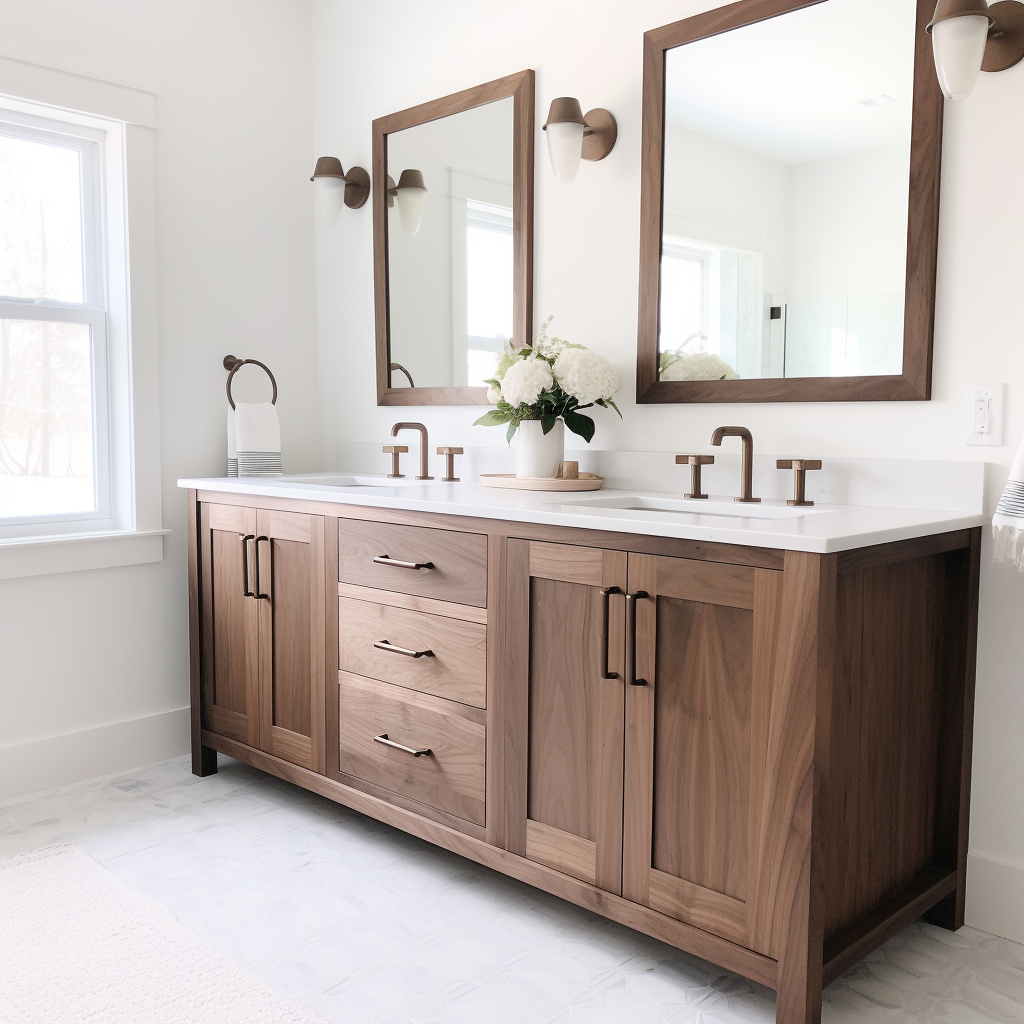Custom bespoke customizable made is america sold wood walnut double vanity in a white clean modern bathroom