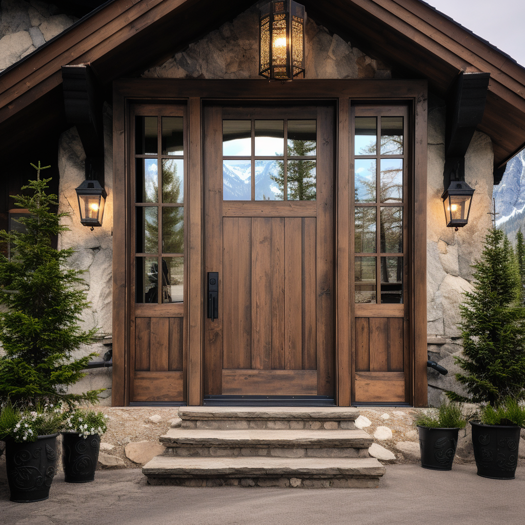 A beautiful knotty alder bespoke usa handcrafted 1/4 light door, 6 grid lite, with sidelights on a mountain home escape, stone walls, wood soffit and fascia, stone steps, evergreens