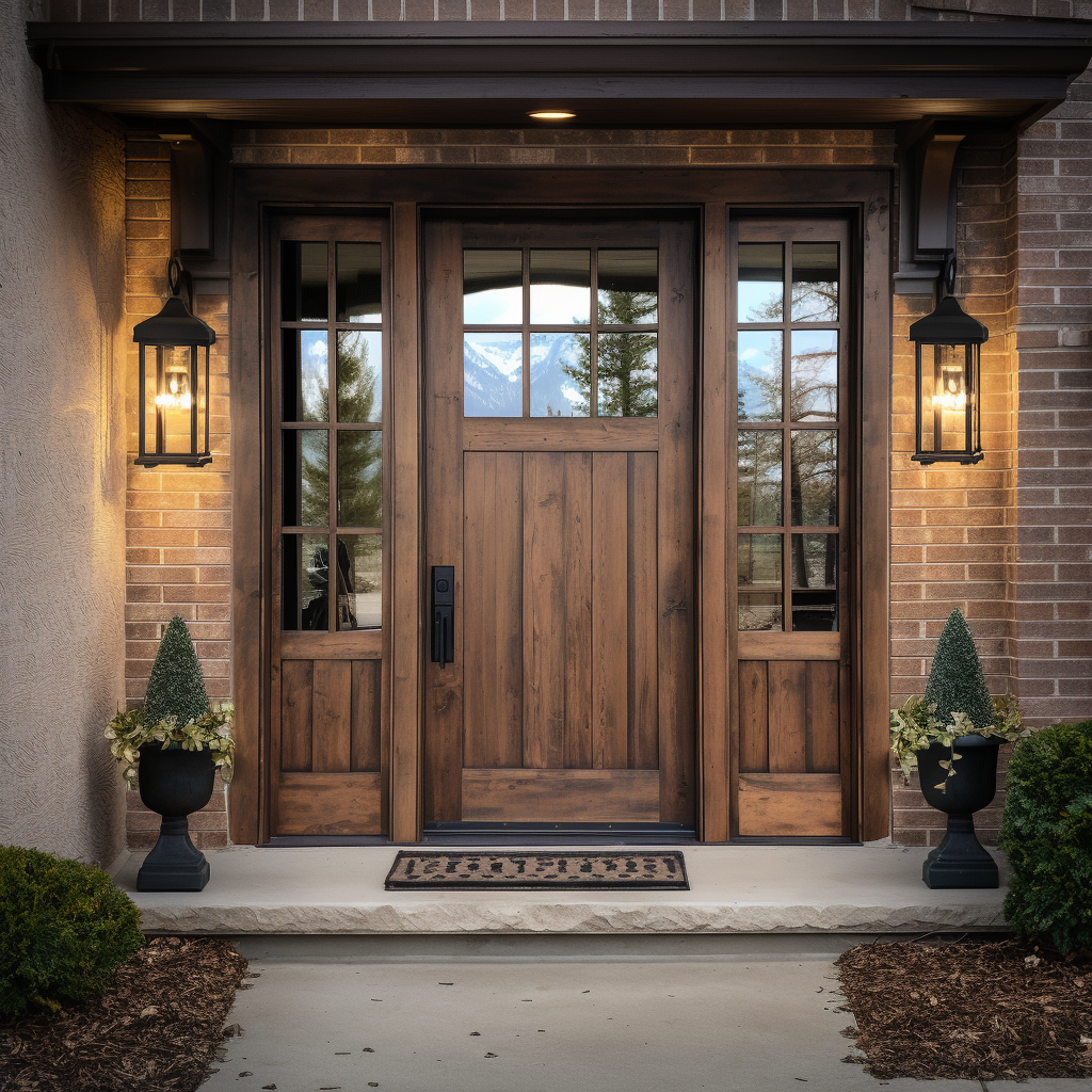 A beautiful knotty alder bespoke usa handcrafted 1/4 light door, 6 grid lite, with sidelights on a classic brick home with dark overhang