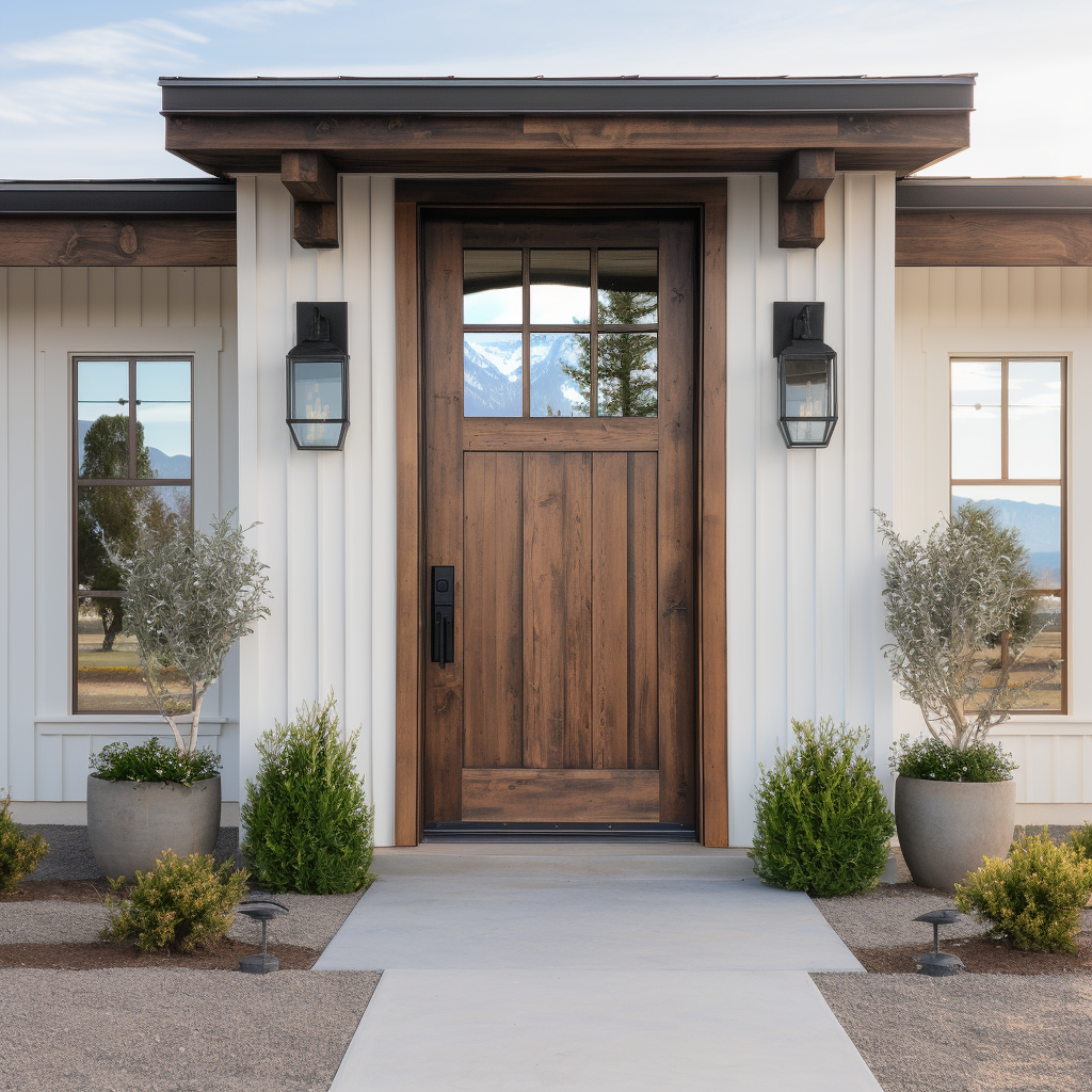 A beautiful knotty alder bespoke usa handcrafted 1/4 light door, 6 grid lite, on a western ranch modern farmhouse with alder fascia