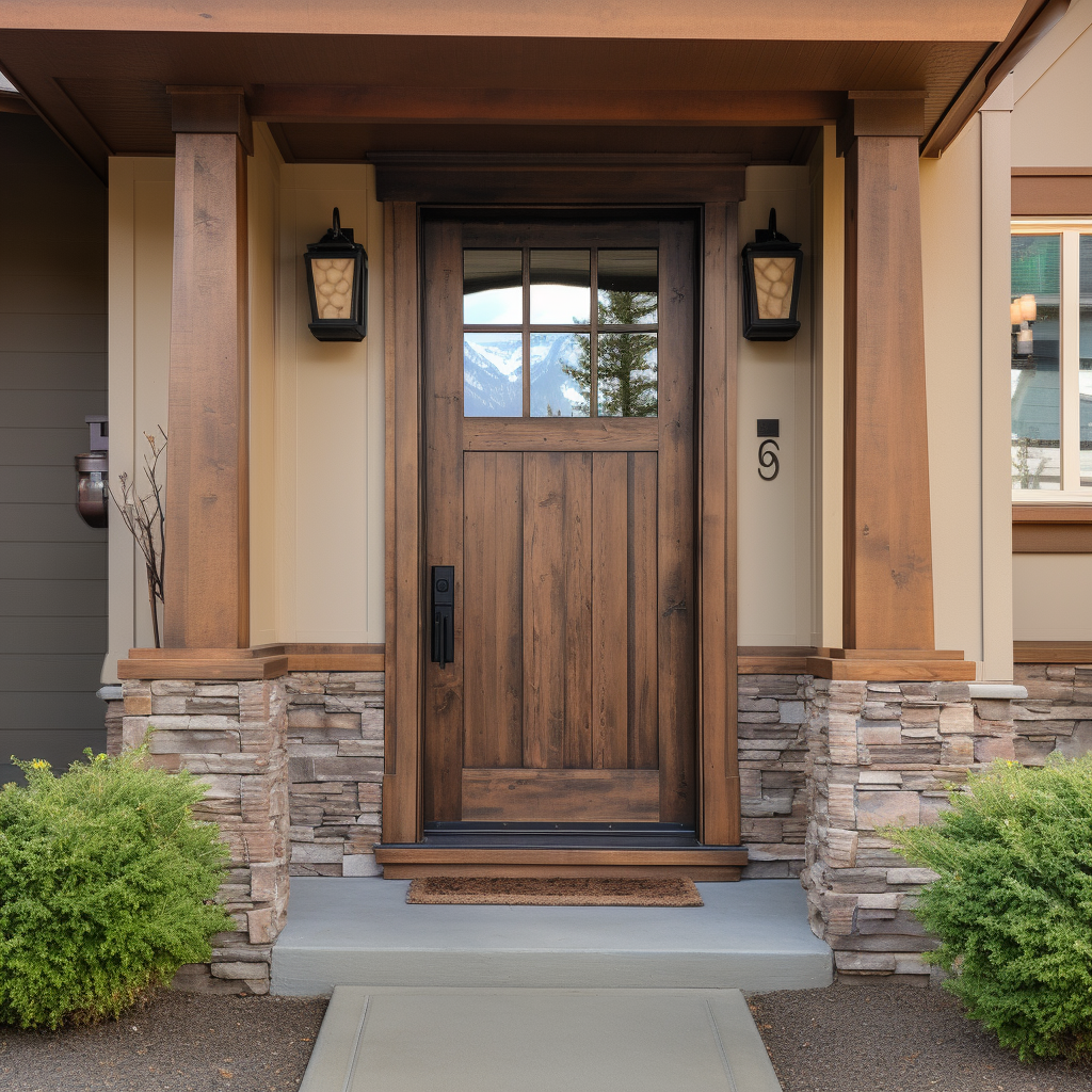 A beautiful knotty alder bespoke usa handcrafted 1/4 light door, 6 grid lite, on a craftsman style home with stone accent and taupe walls, wood columns