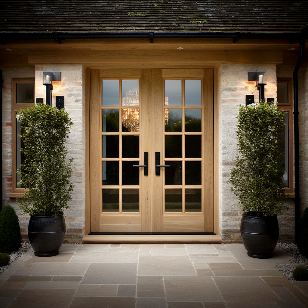 Full glass solid white oak front exterior double door. Fully customizable and built by skilled craftsmen in the USA, made in america. Pictured on a white washed brick home, style of cottage modern farmhouse countryside