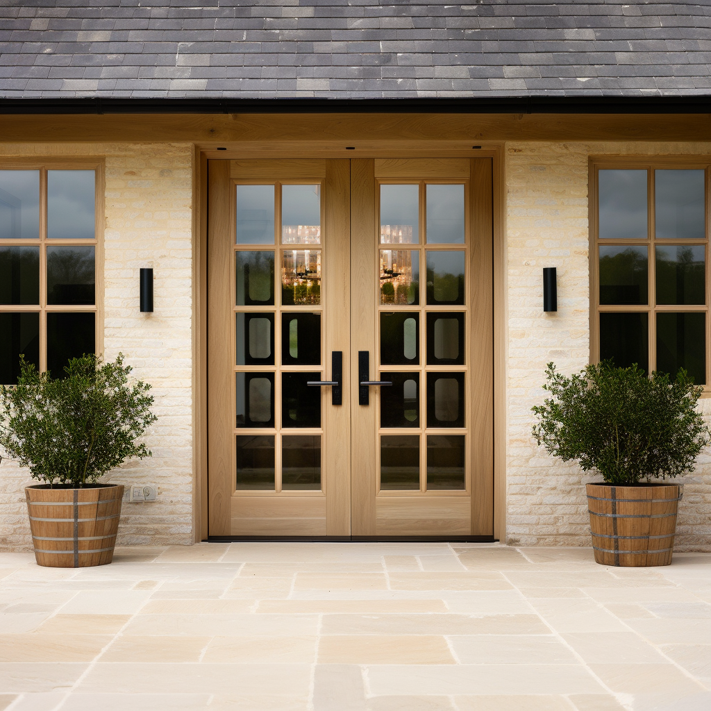 Full glass solid white oak front exterior double door. Fully customizable and built by skilled craftsmen in the USA, made in america. Pictured on a white washed brick home, style of cottage modern farmhouse countryside