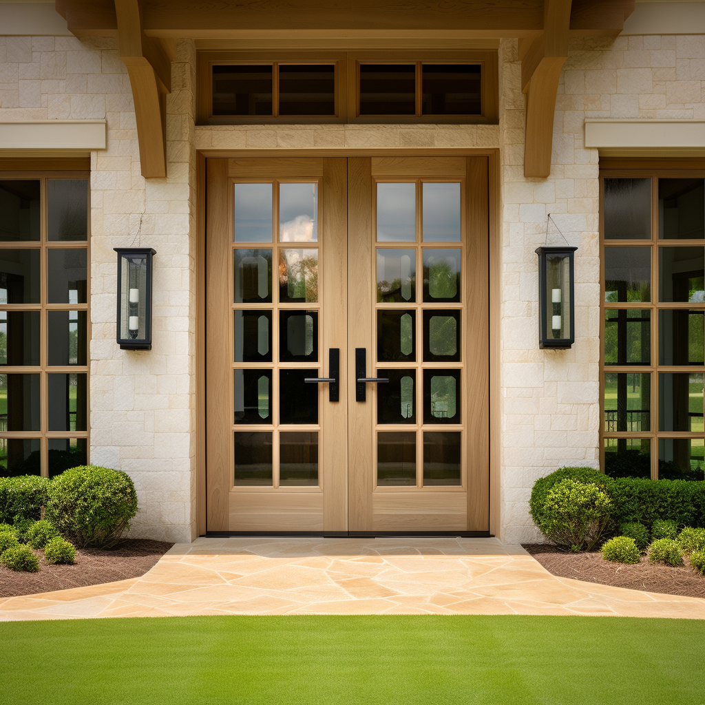 Full glass solid white oak front exterior double door. Fully customizable and built by skilled craftsmen in the USA, made in america. Pictured on a white painted stone home, style of county club craftsman