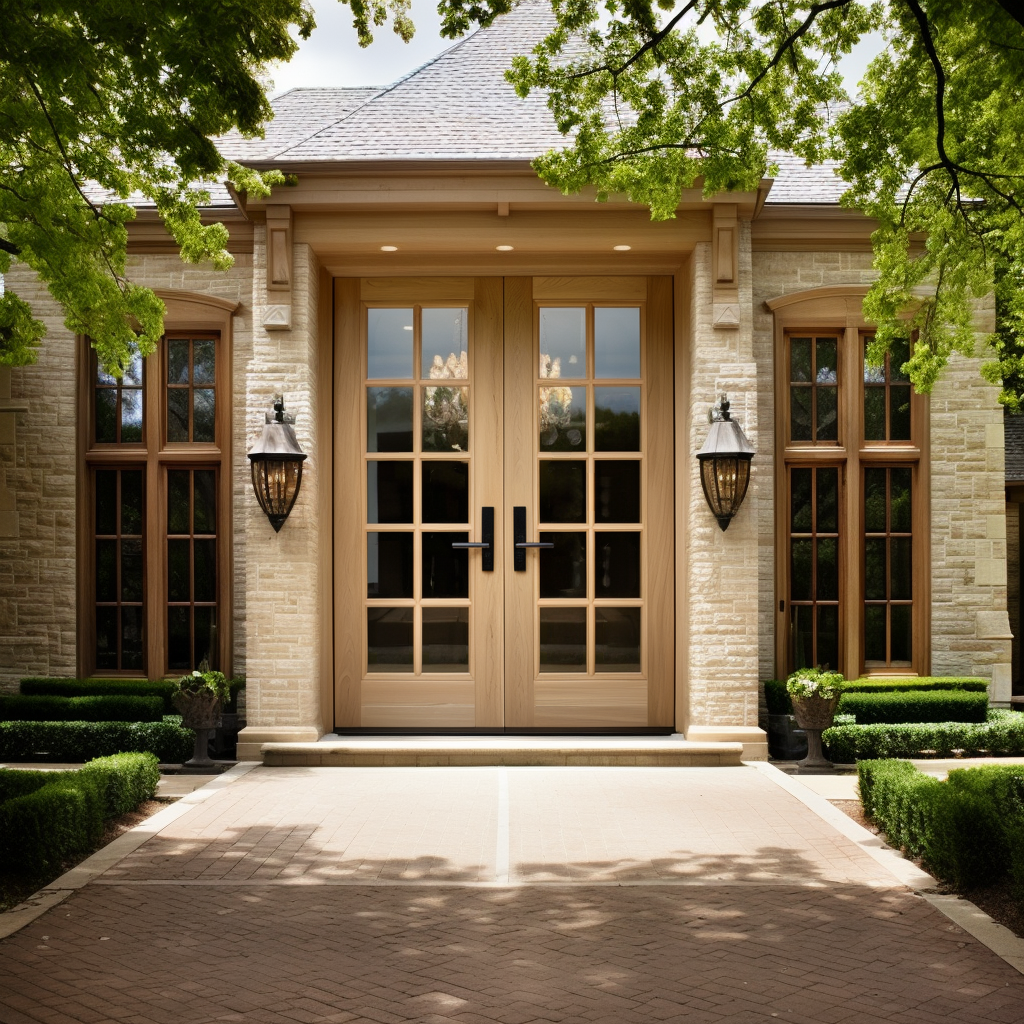 Full glass solid white oak front exterior double door. Fully customizable and built by skilled craftsmen in the USA, made in america. Pictured on a white washed stone home, style of countryside country club manor