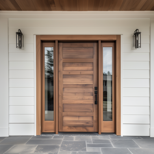 Caroline bespoke exterior solid walnut front exterior door with sidelights, pictures on a white siding modern house with wood overhang