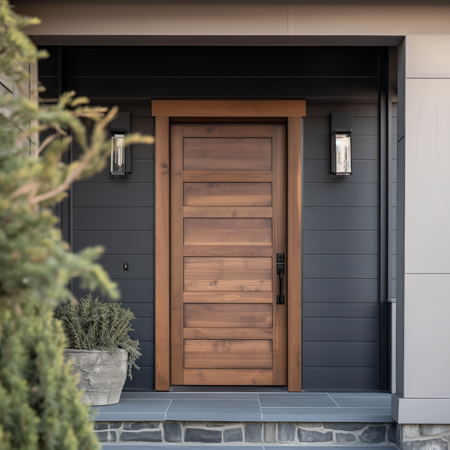 Caroline bespoke exterior solid walnut front exterior door fully custom and customizable made in usa america handcrafted, pictured on a modern home with dark blue grey siding