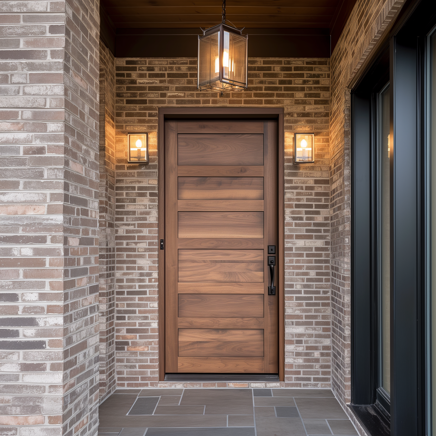 Caroline bespoke exterior solid walnut front exterior door fully custom and customizable made in usa america handcrafted, pictured on a brick home.
