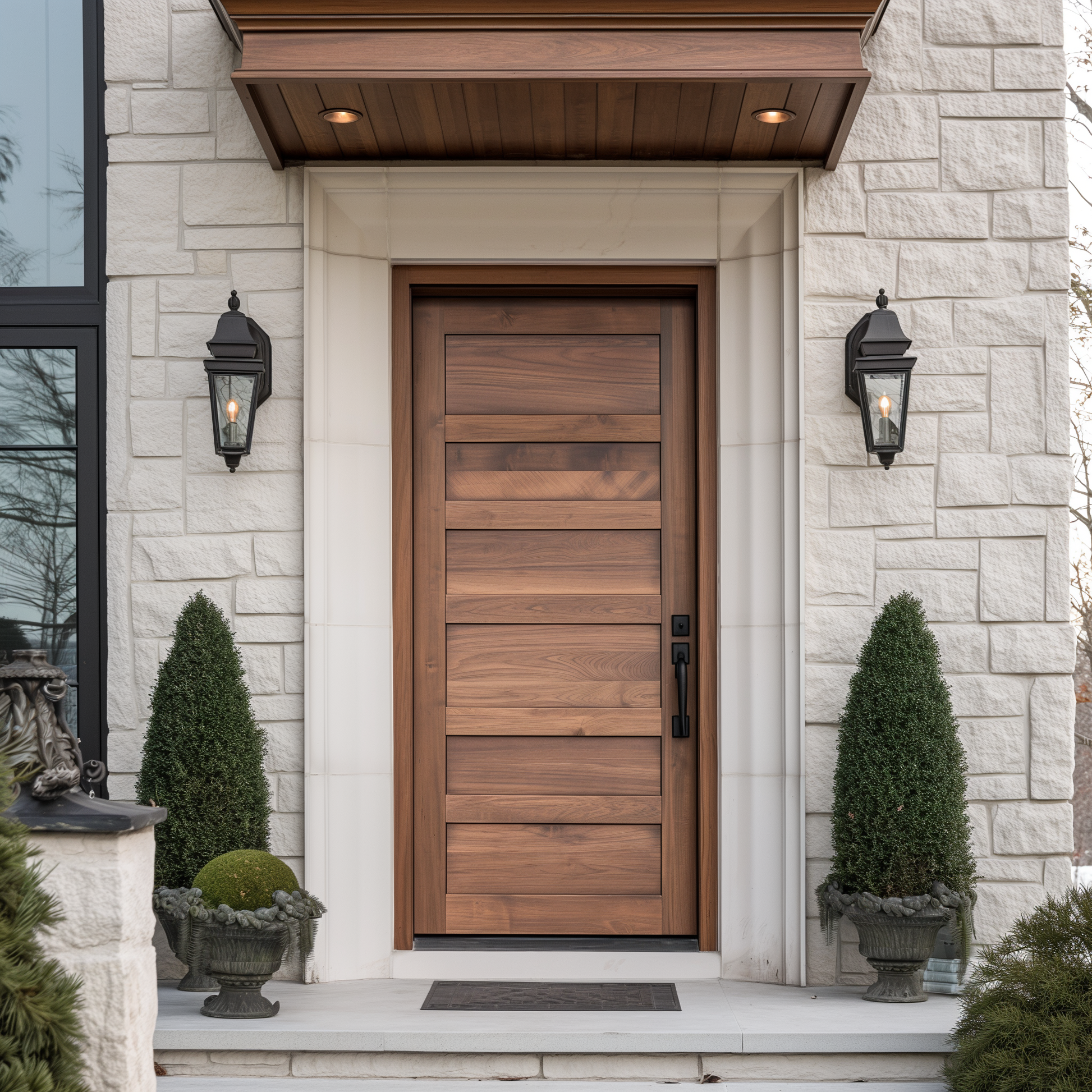 Caroline bespoke exterior solid walnut front exterior door fully custom and customizable made in usa america handcrafted, pictured on a white stone modern home.