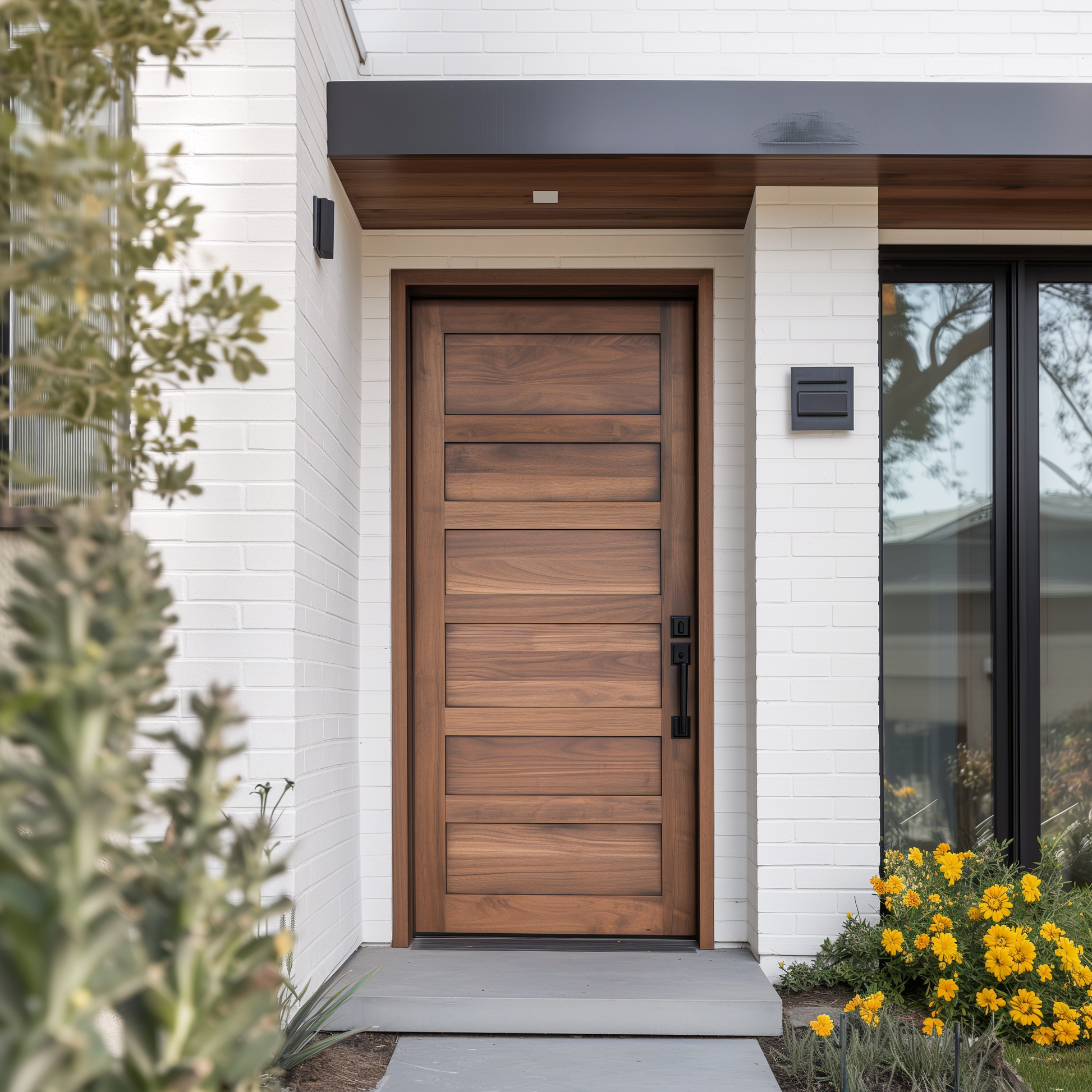 Caroline bespoke exterior solid walnut front exterior door fully custom and customizable made in usa american handcrafted, pictured on a white brick modern home.