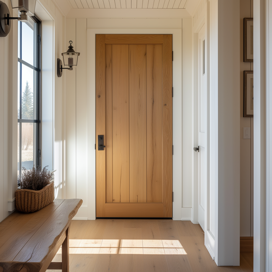 solid white oak interior door, bespoke fully customizable and custom built to order handcrafted from solid white oak. Pictured in an all white shiplap entryway, rustic and warm cottage vibe