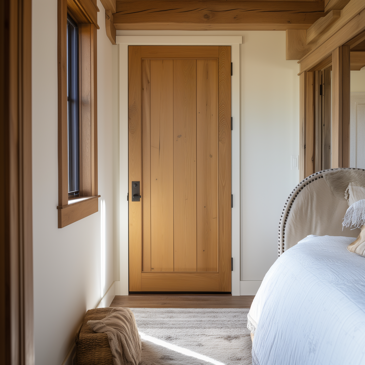 solid white oak interior door, bespoke fully customizable and custom built to order handcrafted from solid white oak. Pictured in an all white rustic bedroom with exposed beams and vintage vibe