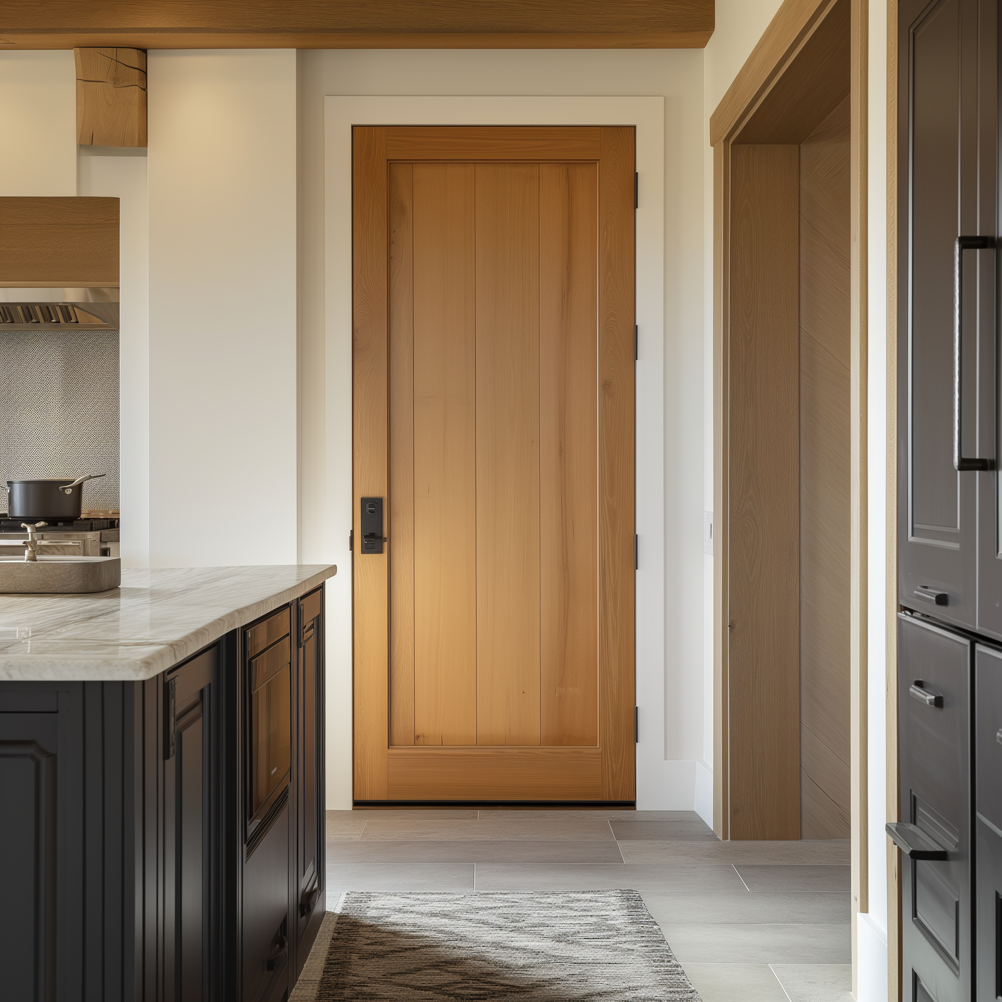 solid white oak interior door, bespoke fully customizable and custom built to order handcrafted from solid white oak. Pictured in a kitchen with dark blue grey cabinets and white walls