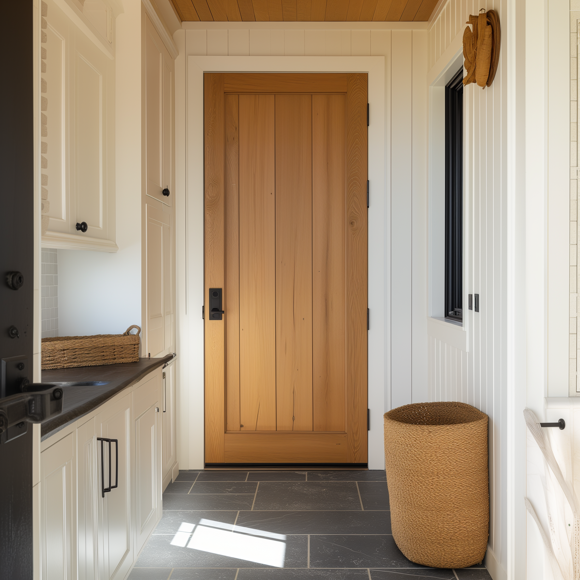 solid white oak interior door, bespoke fully customizable and custom built to order handcrafted from solid white oak. Pictured in an all white shiplap laundry room