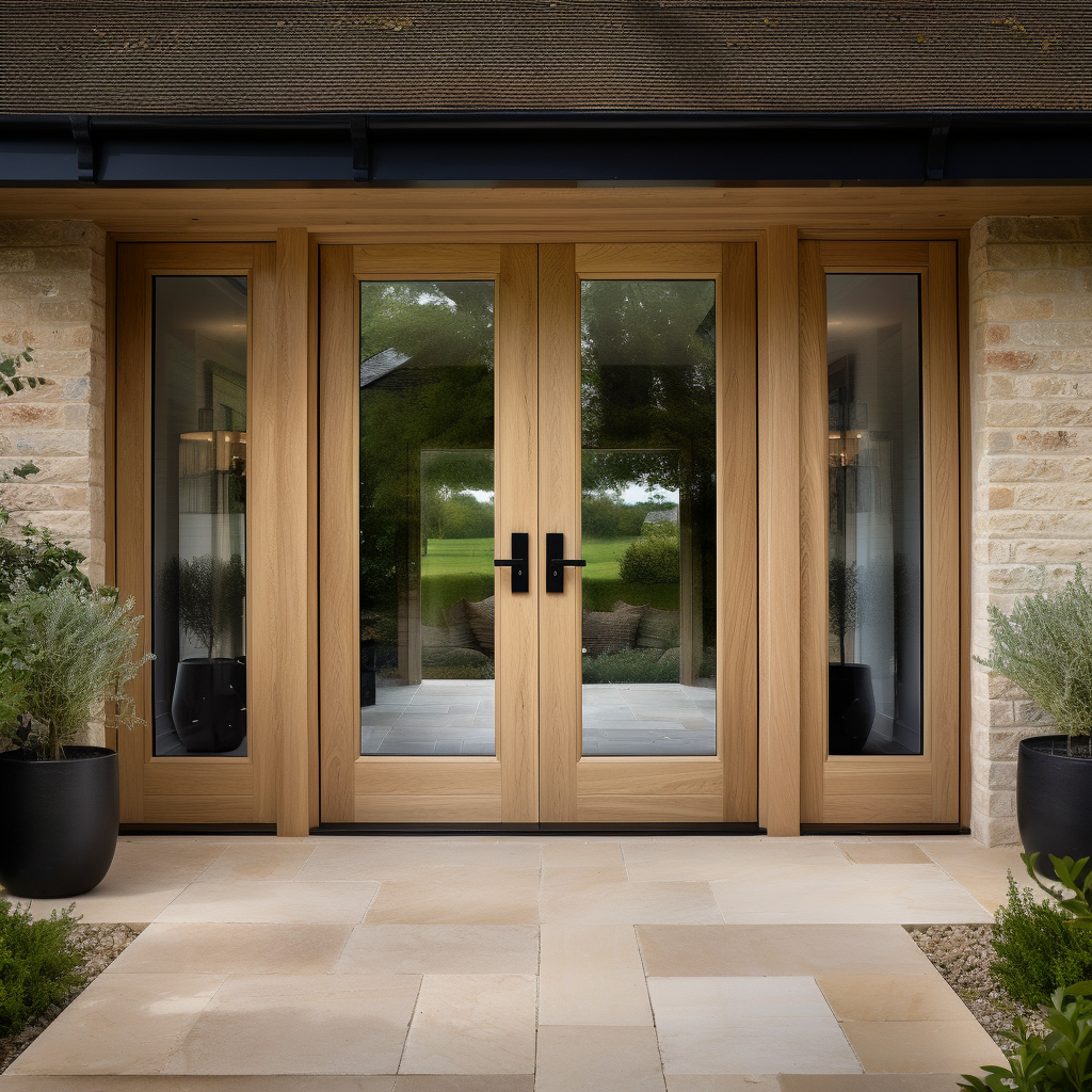 Full Glass White oak double door with sidelights. Modern sleek door. Fully customizable and bespoke. Made in America by craftsmen. On a washed brick home with black fascia and modern pavers.