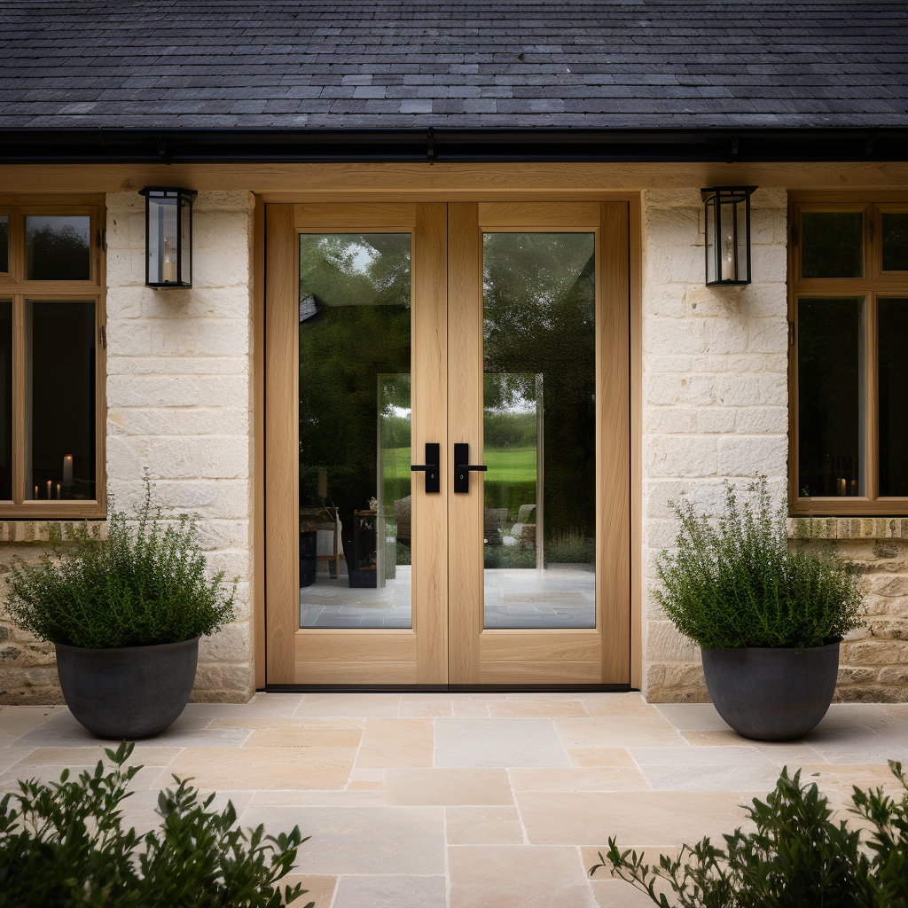 Full Glass White oak double door. Modern sleek doors. Fully customizable and bespoke. Made in America by craftsmen. On a white washed brick and stone modern farmhouse, cottagepunk, countryside home