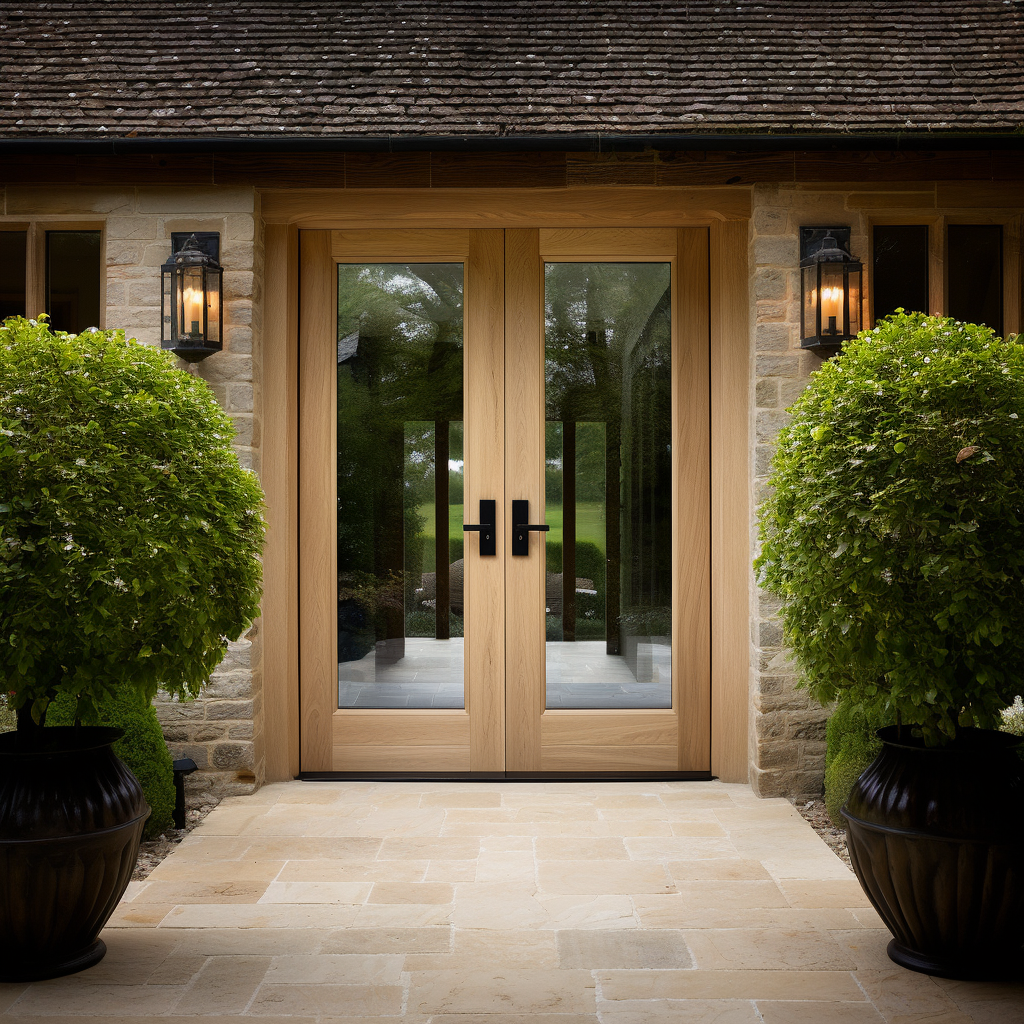 Full Glass White oak double door. Modern sleek doors. Fully customizable and bespoke. Made in America by craftsmen. On a cottage country club home.