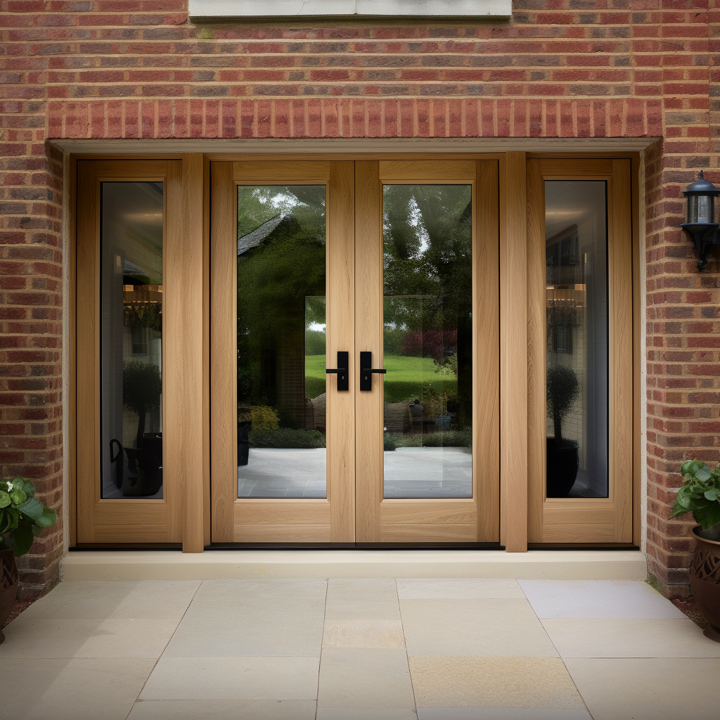 Full Glass White oak double door with sidelights. Modern sleek door. Fully customizable and bespoke. Made in America by craftsmen. On a traditional brick home. cottage, countryside, brownstone