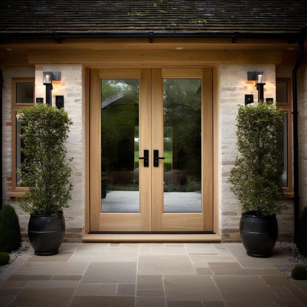 Full Glass White oak double door. Modern sleek doors. Fully customizable and bespoke. Made in America by craftsmen. On a white washed brick and stone modern farmhouse, cottagepunk, countryside home