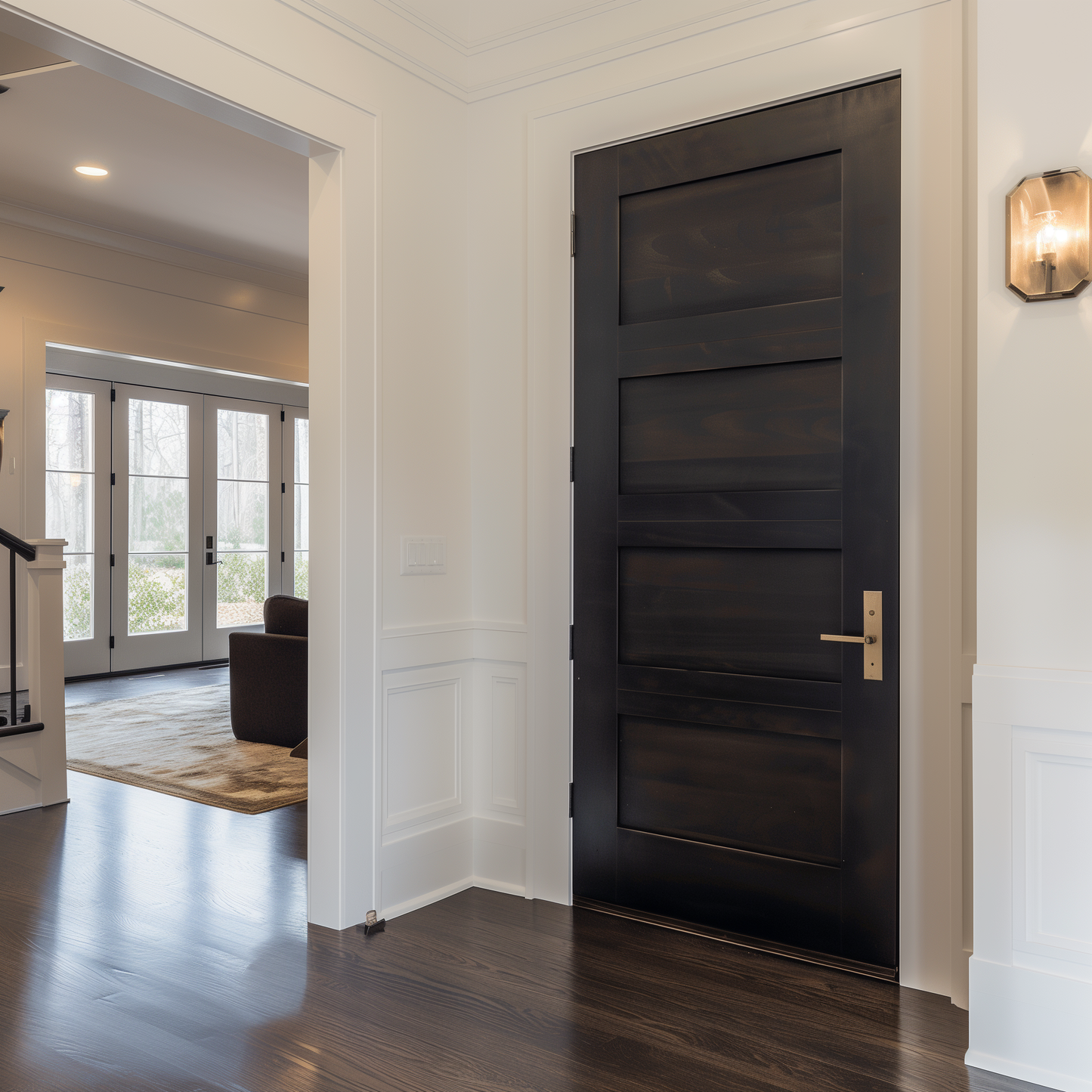 A bespoke custom solid hardwood red oak darn stained interior custom made in usa door, in entryway dark floors