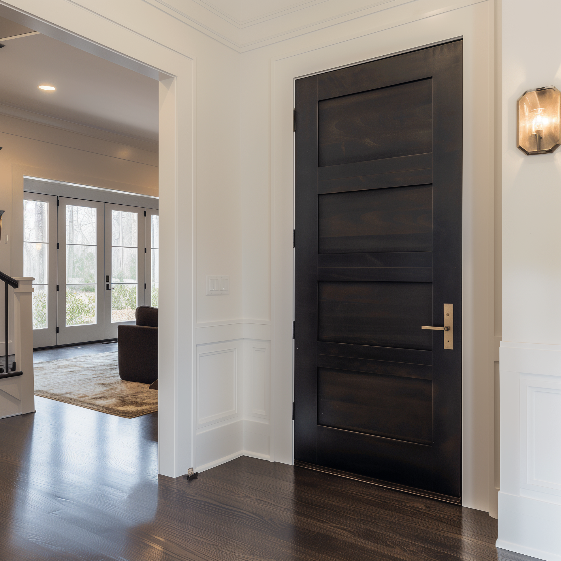 A bespoke custom solid hardwood red oak darn stained interior custom made in usa door, in entryway dark floors