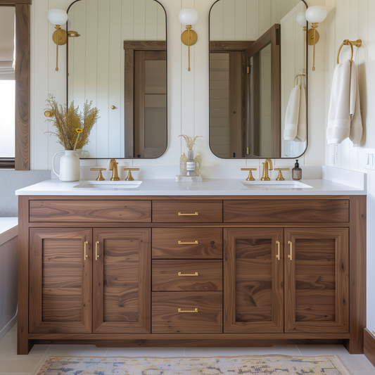 Double vanity, gold/brass hardware bespoke, customize fully customizable solid hardwood walnut built by hand handcrafted with drawers. 