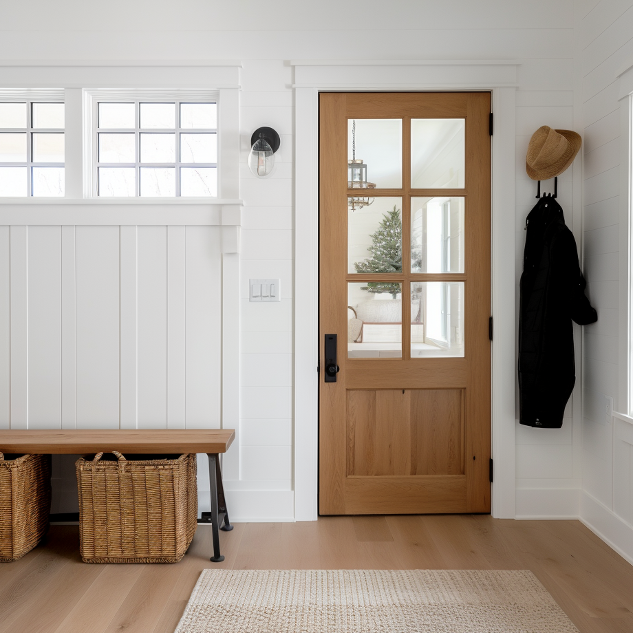 An oak bespoke custom handcrafted wood and glass interior door. Shown in a country french modern farmhouse clean mudroom hallway