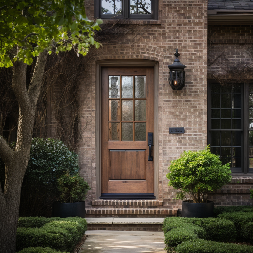 The Ethan exterior front door, bench-built bespoke and fully customizable wood hardwood door made to order. Knotty alder and glass. Pictured on a beautiful traditional brick home with mature trees and garden