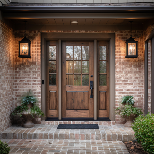 The Ethan exterior front door, bench-built bespoke and fully customizable wood hardwood door made to order. Knotty alder and glass. Pictured with sidelights on a beautiful traditional brick home.