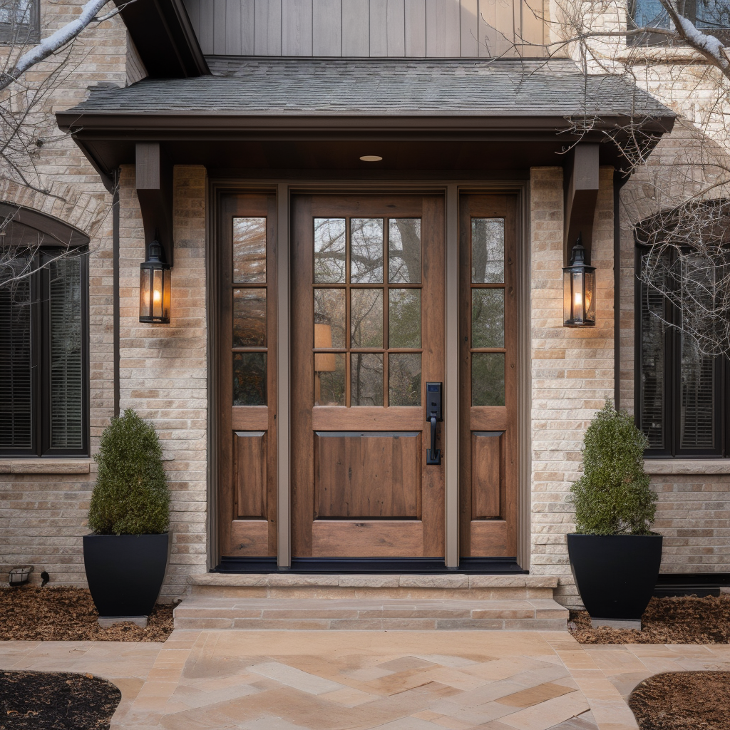 The Ethan exterior front door, bench-built bespoke and fully customizable wood hardwood door made to order. Knotty alder and glass. Pictured with sidelights on a beautiful traditional washed brick home.