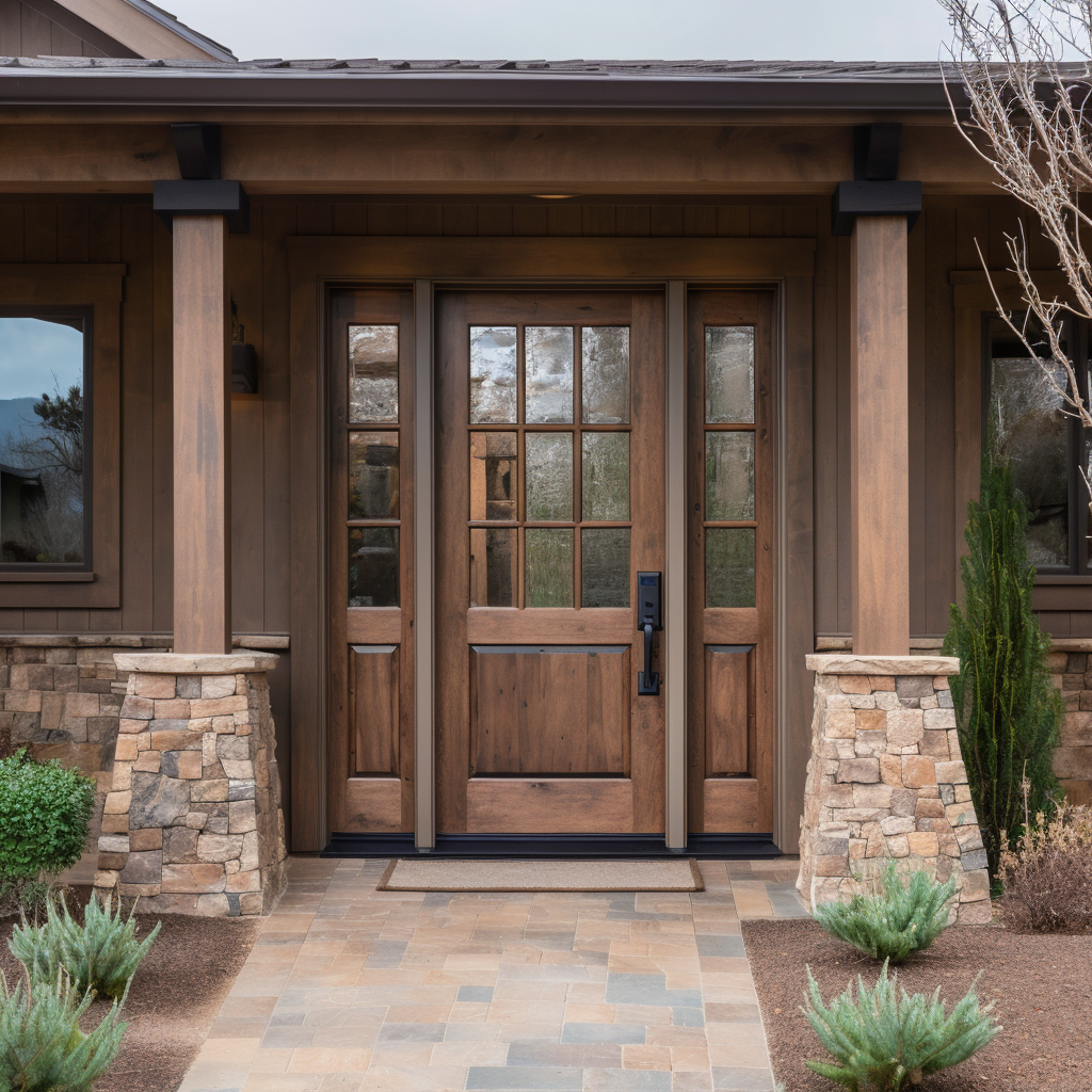 The Ethan exterior front door, bench-built bespoke and fully customizable wood hardwood door made to order. Knotty alder and glass. Pictured with sidelights on a beautiful craftsman style home, brown siding.