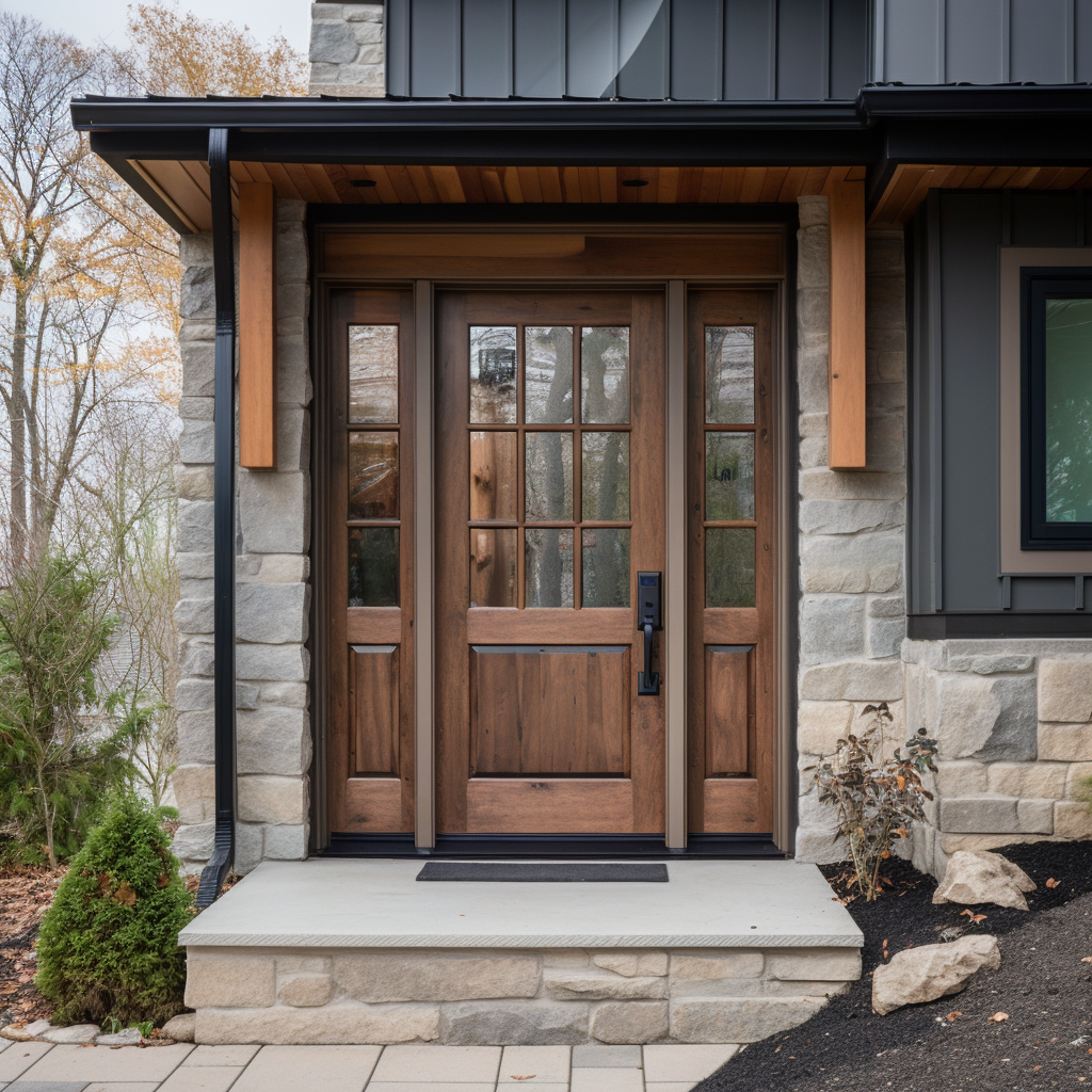 The Ethan exterior front door, bench-built bespoke and fully customizable wood hardwood door made to order. Knotty alder and glass. Pictured with sidelights on a beautiful stone modern home