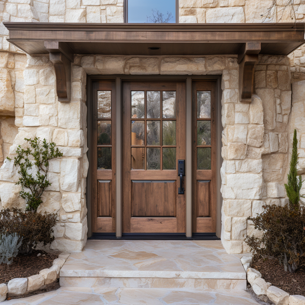 The Ethan exterior front door, bench-built bespoke and fully customizable wood hardwood door made to order. Knotty alder and glass. Pictured with sidelights on a beautiful stone home with wood overhang