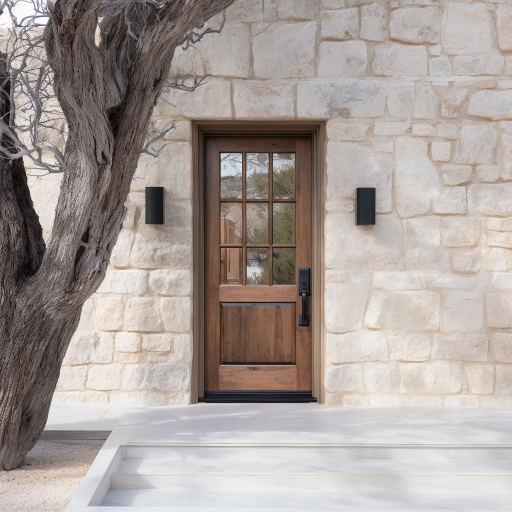 The Ethan exterior front door, bench-built bespoke and fully customizable wood hardwood door made to order. Knotty alder and glass. Pictured on a beautiful European or Mediterranean style home with white washed stone walls 