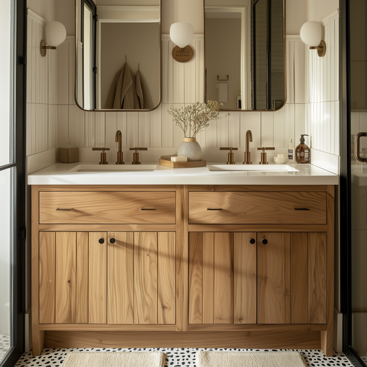The Evelyn double vanity, solid white oak, bespoke, handcrafted fully customizable build by hand solid wood double vanity with white tile modern bathroom
