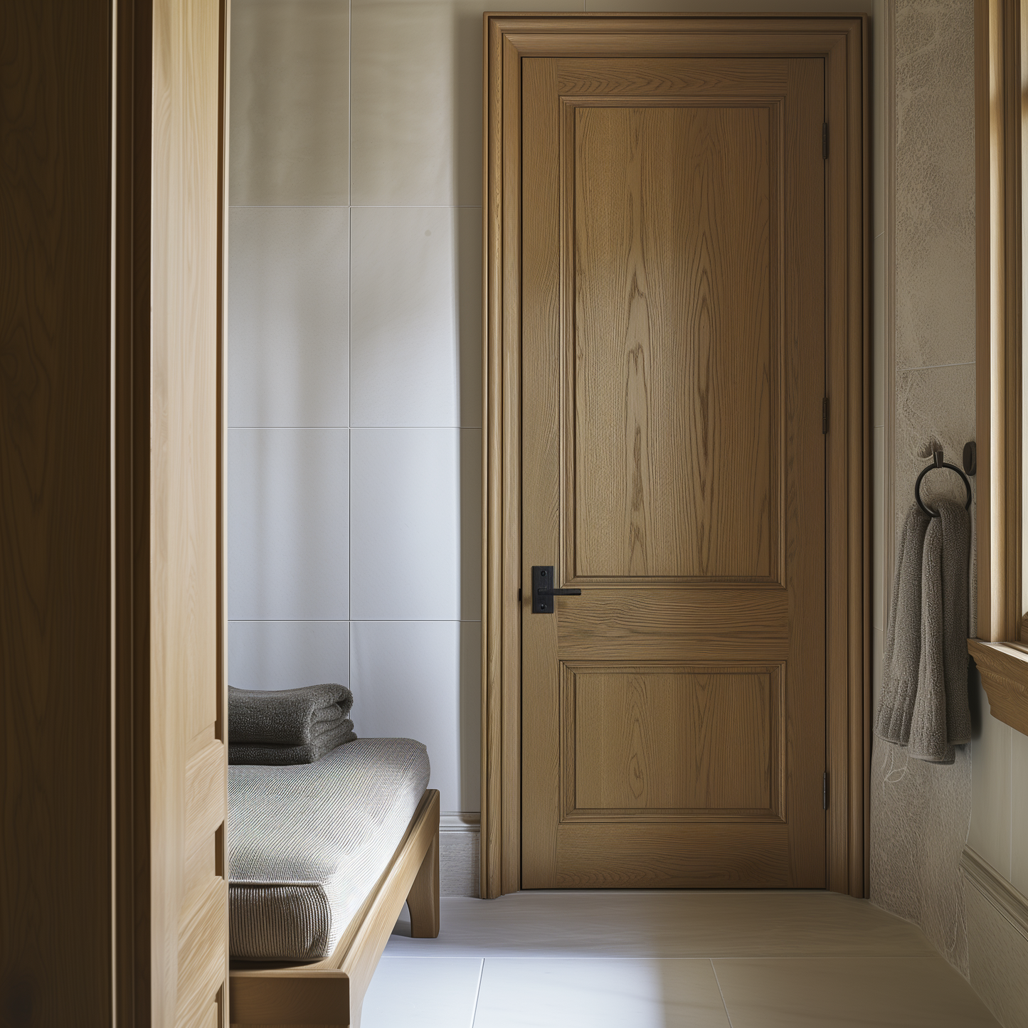 fern classic solid wood oak bespoke customizable fully custom made to order interior door in a beautiful bathroom entryway