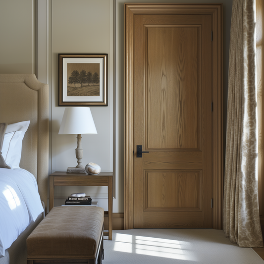 fern classic solid wood oak bespoke customizable fully custom made to order interior door in a beautiful classic rustic warm bedroom